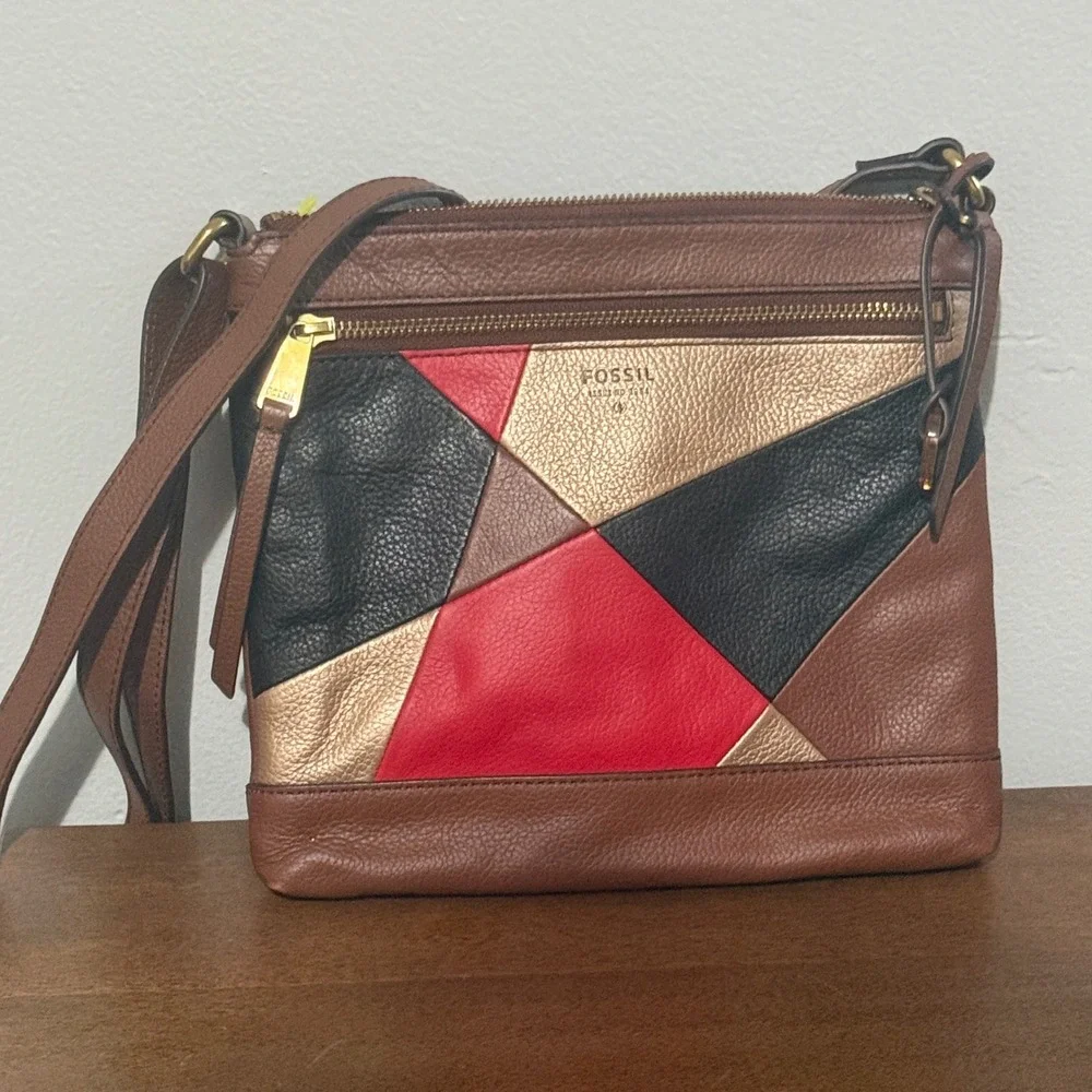 Fossil Crossbody Bag Patchwork Geometric Small Brown Excellent Leather Purse